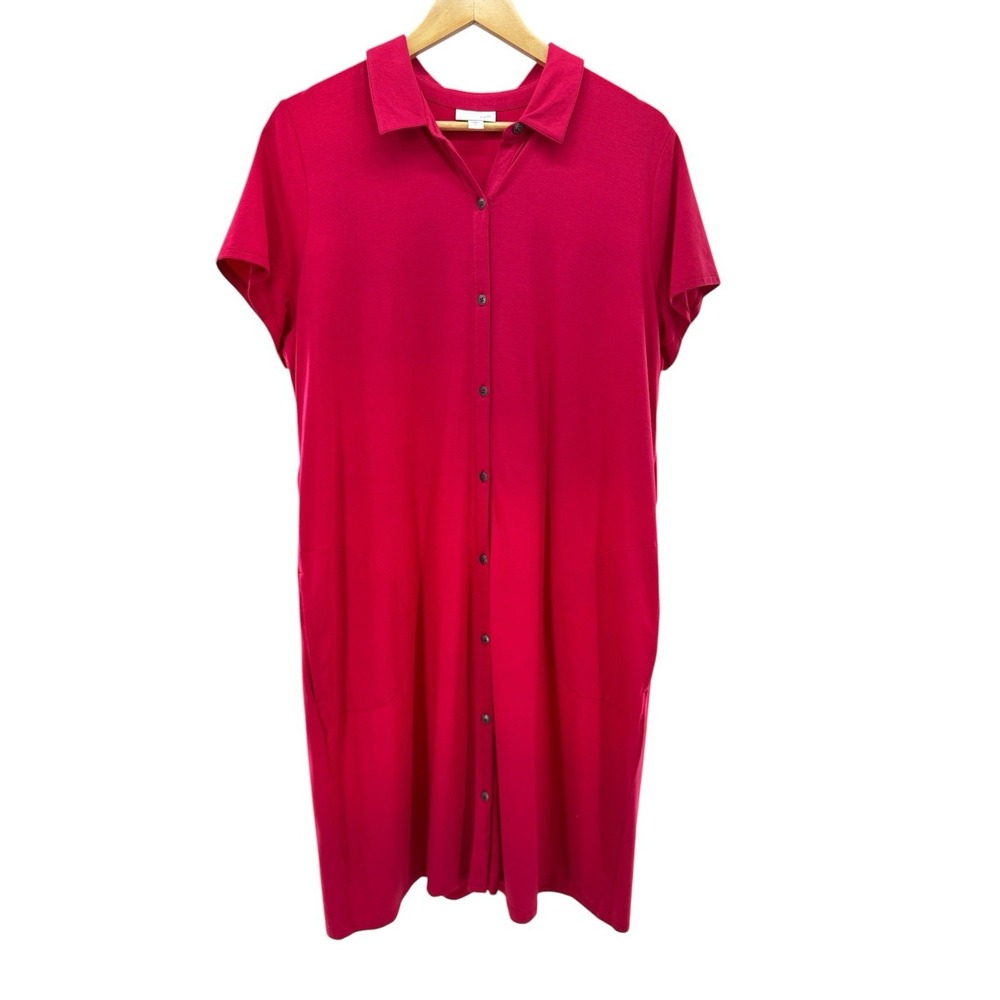 J Jill Women Raspberry Redish Pink Short Sleeve Cotton Back Flap Pockets Dress L